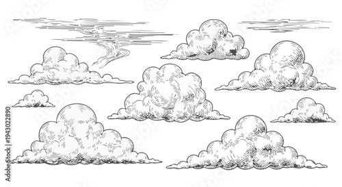 Hand Drawn Sketch Clouds Set. Engraving Style Isolated Vector Illustration. isolated PNG with Transparent Background