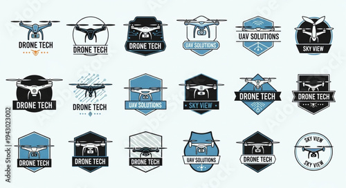 Collection of drone technology logos and emblems.