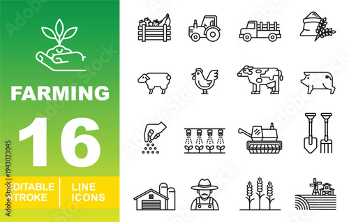Farming and Agriculture Line Icons. Editable stroke icons for agribusiness and livestock. Featuring tractors, delivery trucks, sheep, chickens, cows, irrigation systems, harvesters, and barn symbols