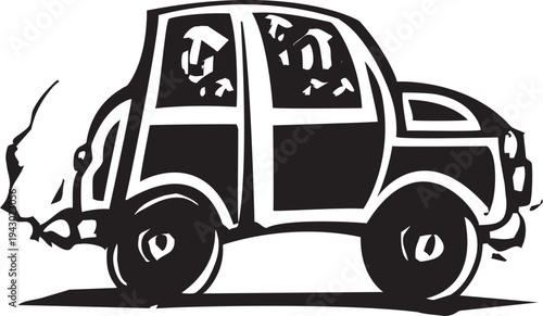 Woodcut style image of people in a small car