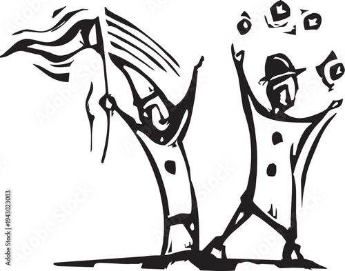 Woodcut clowns at the circus