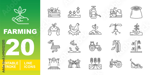 Smart Farming & Garden Maintenance Icons. Editable stroke vector icons for modern agriculture. Featuring agricultural drones, lawn mowers, irrigation hoses, tractors, chicken nests, and harvest