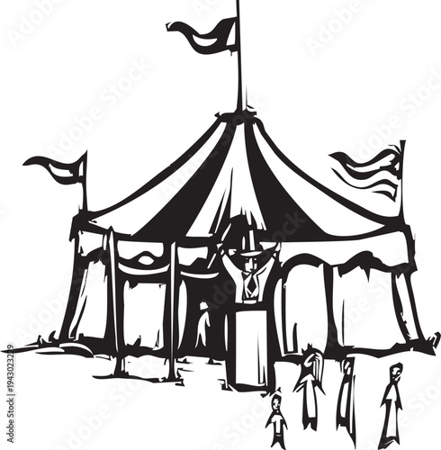 Woodcut style circus events in tents with clowns 