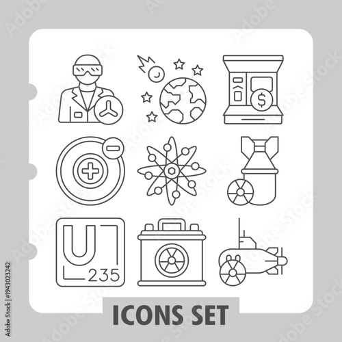 Scientist, electron, uranium icons, showcasing concepts related to science, technology, industry, nuclear energy and space exploration. Set of nine thin line icons on white background.