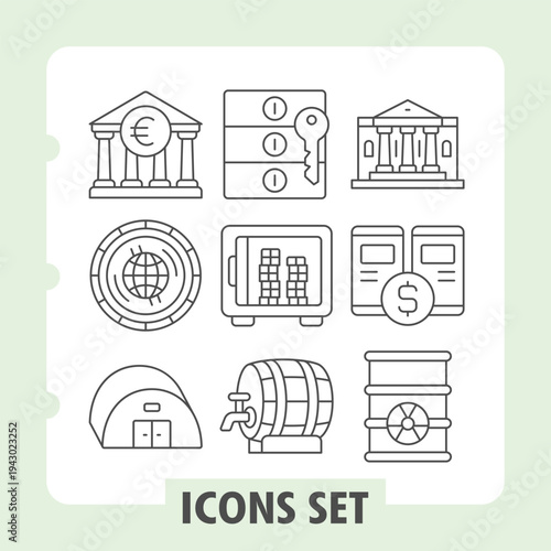 Bank building, globe coin, hangar icons, set featuring banking, financial security, currency, data protection, logistics and resource management. Set of nine thin line icons on white background.