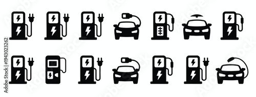 Electric charging technology web icon set, silhouette style symbols for EV charging, battery power, plug connectors, renewable energy, and modern electric vehicle technology design projects.