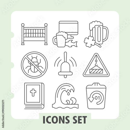 Double bed, bug ban, bible book icons, representing parenting, technology, celebration, warning and environmental concepts. Set of nine thin line icons on white background.