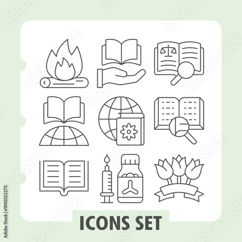 Bonfire, globe book, textbook icons, collection explores concepts like education, environment and law. Set of nine thin line icons on white background.