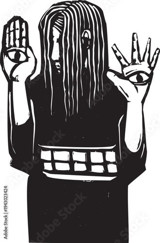 Woodcut style image with a girl with eyes on her hands