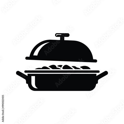 Black and white icon of a covered serving dish.