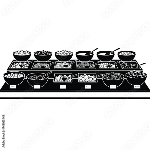 Black and white illustration of a buffet with various food items in bowls.