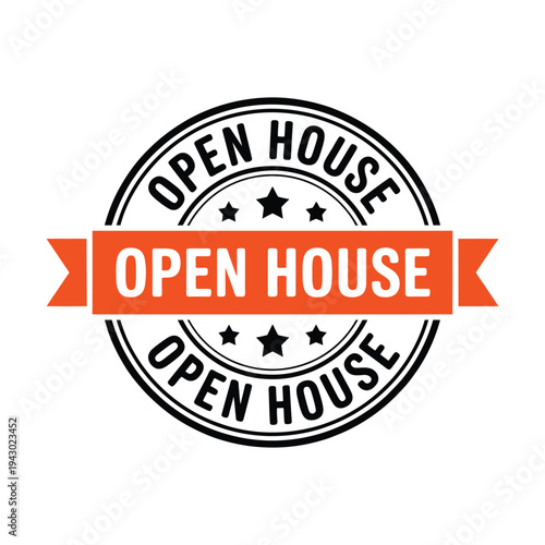 Vintage style open house circular badge with red ribbon banner