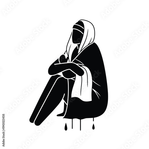 Black silhouette of a grieving woman sitting wrapped in a blanket.