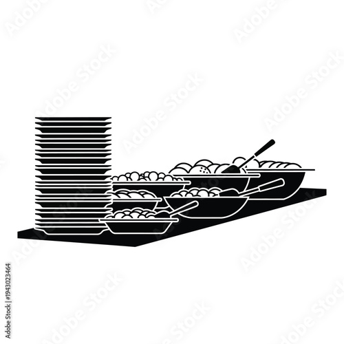 Buffet line with stacked plates and serving bowls.
