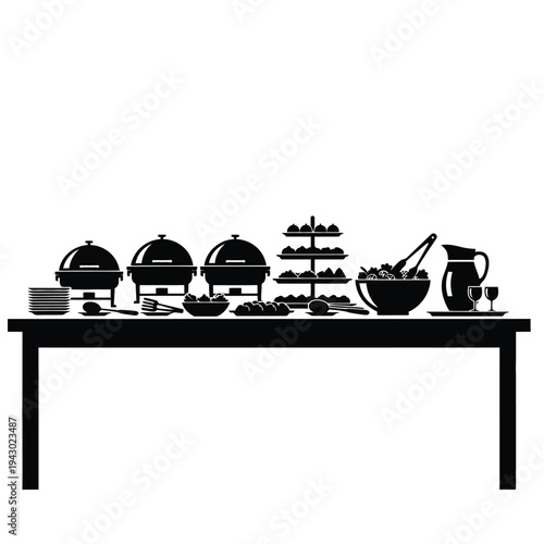 Buffet table with chafing dishes and serving ware.
