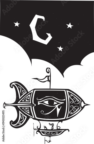 Woodcut style vintage blimp with the eye of Horus on its side