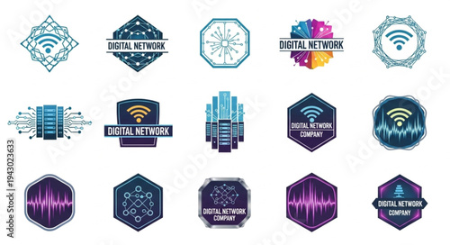 Collection of digital network and technology logos and icons.