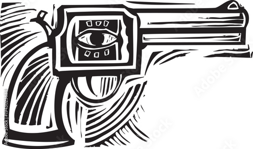 Woodcut style Pistol with an eye on it