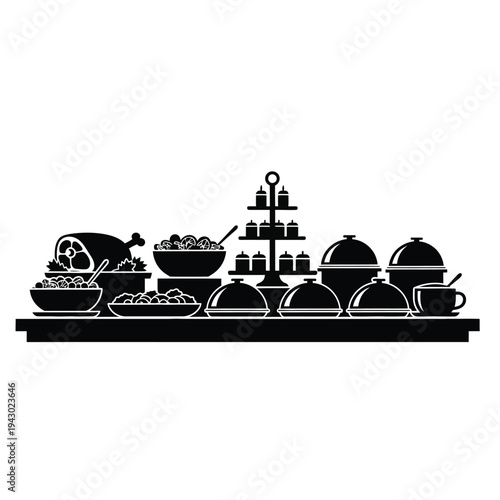 Elegant Buffet Spread with Assorted Dishes and Serving Ware.