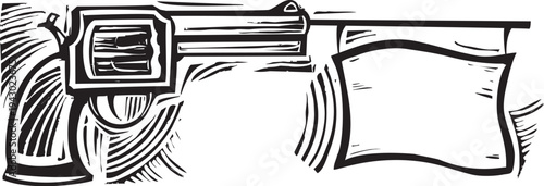 Woodcut style joke pistol with bang flag