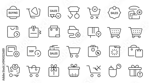 A collection of thin line icons depicting various shopping and retail related concepts including bags carts and sales high quality professional detailed modern elegant stylish clean