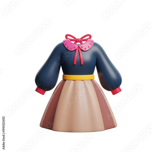 A stylish cartoon outfit featuring a dark blue top with a skirt in earthy tones and decorative ribbon isolated on transparent background, illustration
