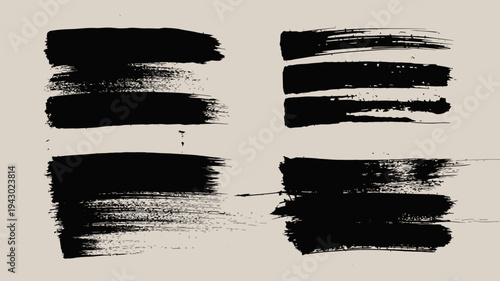 A collection of bold textured brushstrokes in black ink are displayed against a neutral speckled background creating an abstract design high quality professional detailed modern elegant