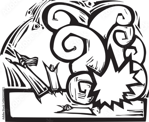 Woodcut style image of people fleeing an explosion