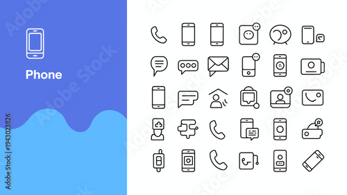 A collection of minimalist black and white line icons depicting various smartphone features and communication elements with a blue background high quality professional detailed modern elegant