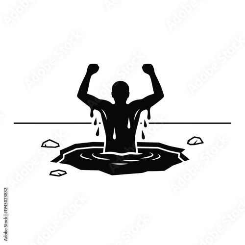 Man emerging from water with arms raised in triumph.