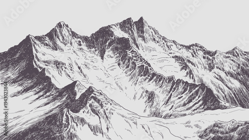 A detailed black and white illustration depicts a rugged mountain range with sharply defined peaks and shadowed valleys high quality professional modern elegant stylish clean crisp