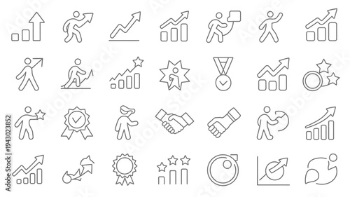 A collection of linear icons depicting business growth success achievement and positive progress with various symbols high quality professional detailed modern elegant stylish clean crisp vibrant