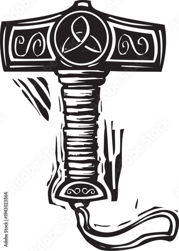 Woodcut style image of the hamer of the norse god thor mjolnir