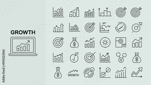 A collection of minimalist line art icons representing business growth data analysis and financial success high quality professional detailed modern elegant stylish clean crisp vibrant colorful