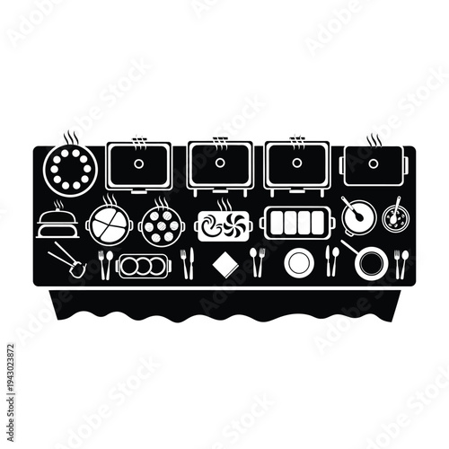 Overhead view of a buffet table with various food dishes and serving utensils.