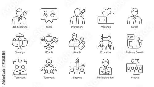 A collection of linear icons representing various aspects of professional life including job searching skills and career development high quality detailed modern elegant stylish clean crisp