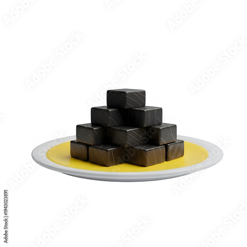 Stacked black cubes arranged on a yellow circular base plate isolated on transparent background, illustration