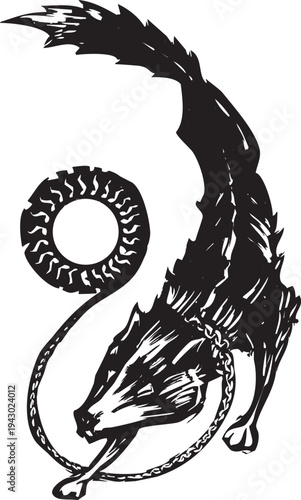 Woodcut style image of the Norse wolf god Fenris chained to the sun