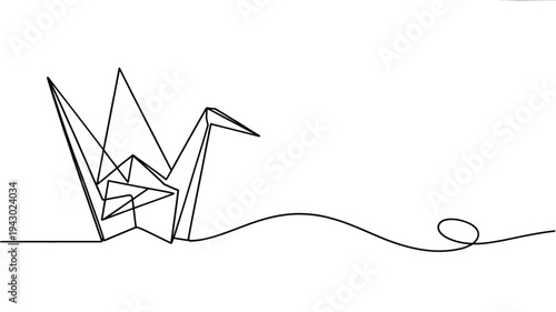 Obraz na płótnie Minimalist line drawing of an origami crane with a trailing thread