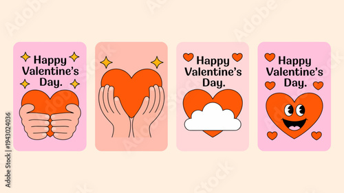 Four rectangular cards display valentine s day greetings with illustrations of hearts hands and whimsical designs on a pale background high quality professional detailed modern elegant