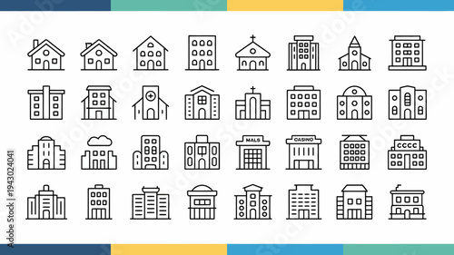 A collection of minimalist black and white line drawings depicting various types of buildings and architectural structures high quality professional detailed modern elegant stylish clean crisp