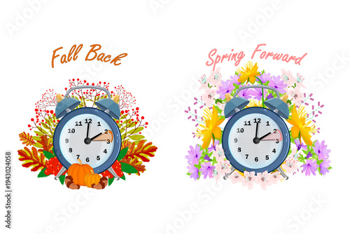 Daylight saving time concept with spring forward and fall back clocks. Change of time. Seasonal alarm clocks set. Spring Forward clock with blooming flowers and Fall Back with autumn leaves. Vector