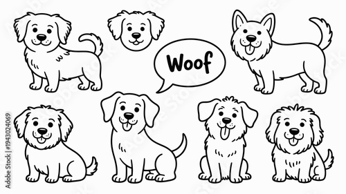 A collection of adorable cartoon dogs in black and white line art accompanied by a speech bubble saying woof high quality professional detailed modern elegant stylish