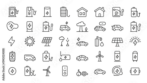 A collection of minimalist line icons depicts various elements related to energy electric vehicles and sustainable power sources high quality professional detailed modern elegant stylish clean