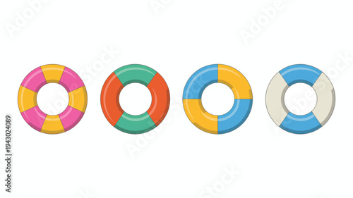 This image displays four colorful cartoon style life preservers arranged horizontally in a neat row showcasing a vibrant design high quality professional detailed modern elegant stylish