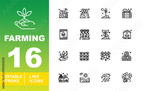 Core Farming & Agriculture Icons. 16 Editable stroke vector icons for sustainable gardening. Featuring tractors, barn houses, honey bees, carrots, pickup trucks, and seedling symbols for agricultural