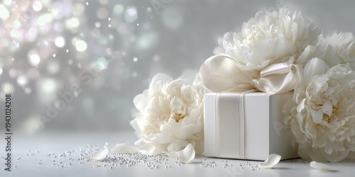 Beautiful peony bouquet with luxury gift box, soft light and petals, ideal for spring sales, greetings, and advertising banners