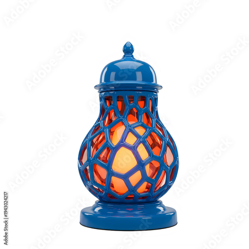 Decorative geometric glass lantern with intricate blue and orange patterns isolated on transparent background, illustration