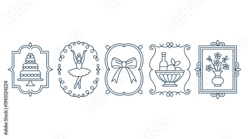 A series of five framed line drawings depicts a cake ballerina bow fruit and flowers arranged horizontally high quality professional detailed modern elegant stylish clean crisp