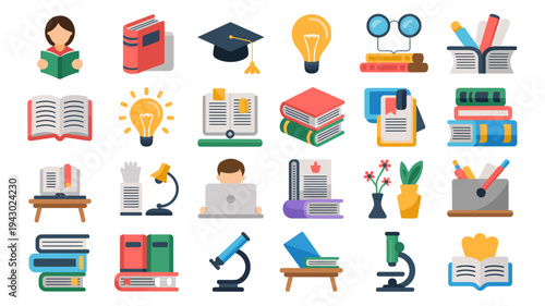 A colorful collection of flat design icons representing education learning and knowledge including books technology and students high quality professional detailed modern elegant stylish clean crisp